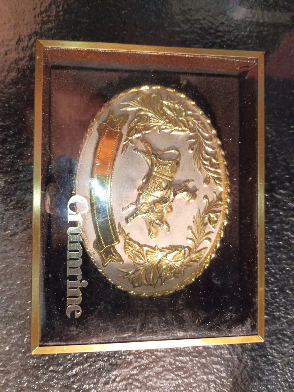 Vintage Crumrine Western Belt Buckle - Gold & Silver Tone Bull Rider Trophy Oval